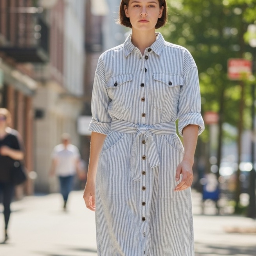 Karen Alexander vintage blue and white striped midi shirtwaist dress size 8 - Picture 2 of 12